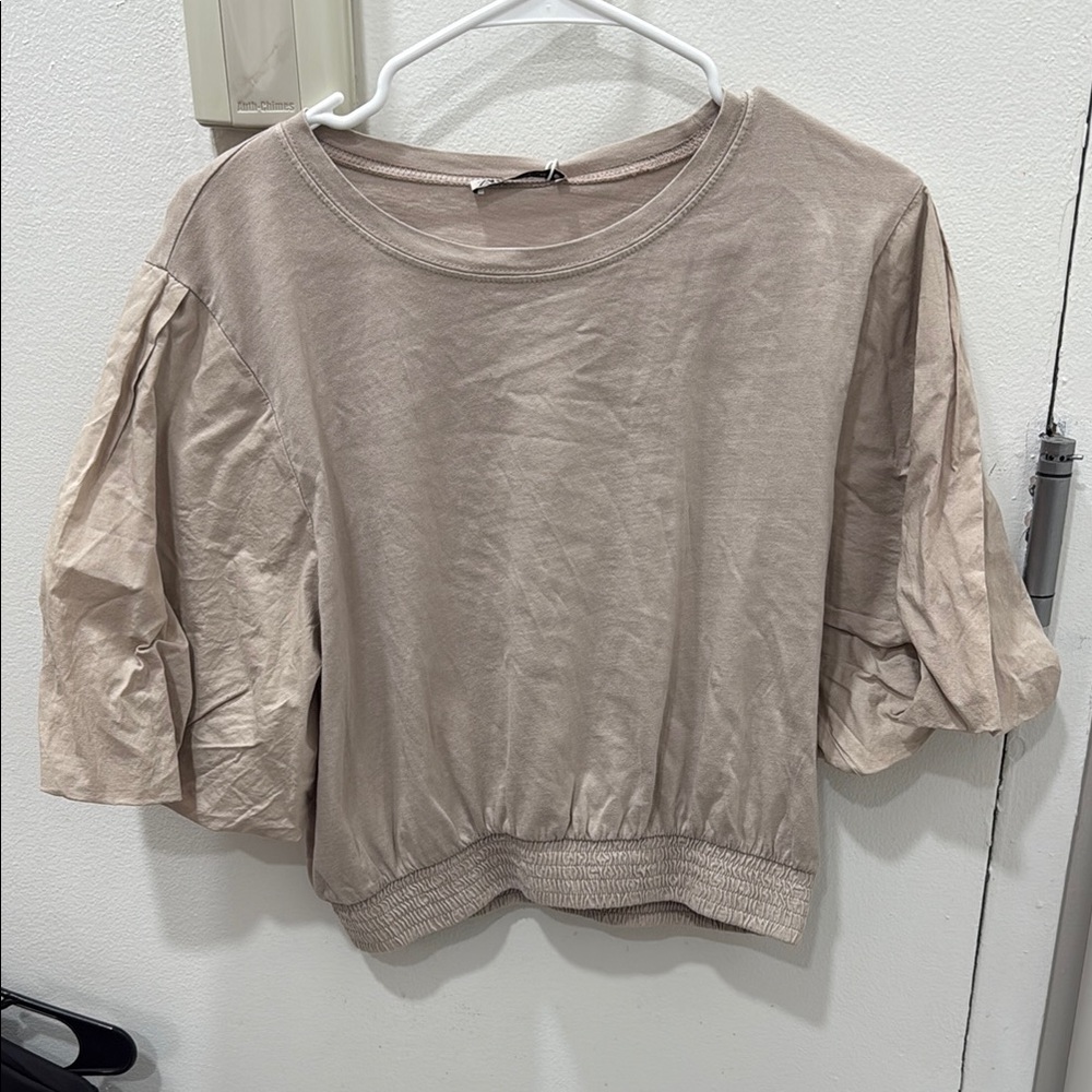 Zara Tan Puff Sleeve Boxy Blouse